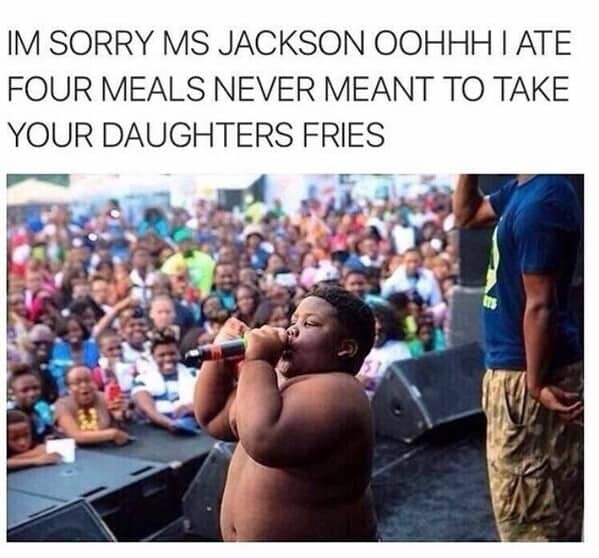 A hilarious music meme with misheard lyrics to OutKast's "Ms. Jackson" about eating four meals.