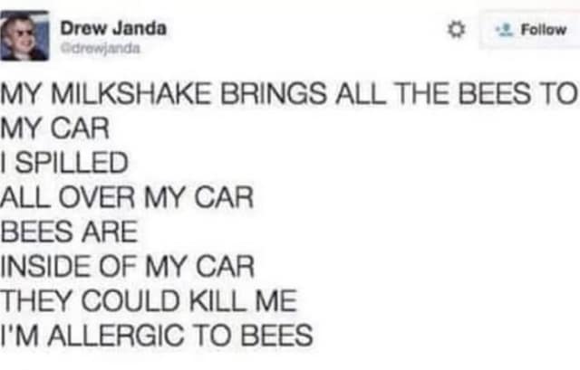 A hilarious "my milkshake meme" parody tweet about spilling a milkshake and attracting bees into the car.