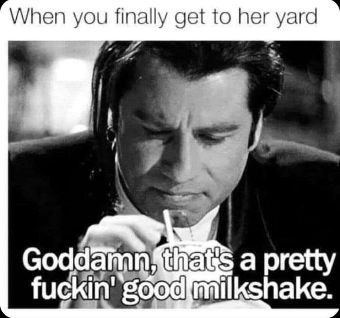A "my milkshake meme" of John Travolta in Pulp Fiction saying, "that's a pretty f*ckin' good milkshake."