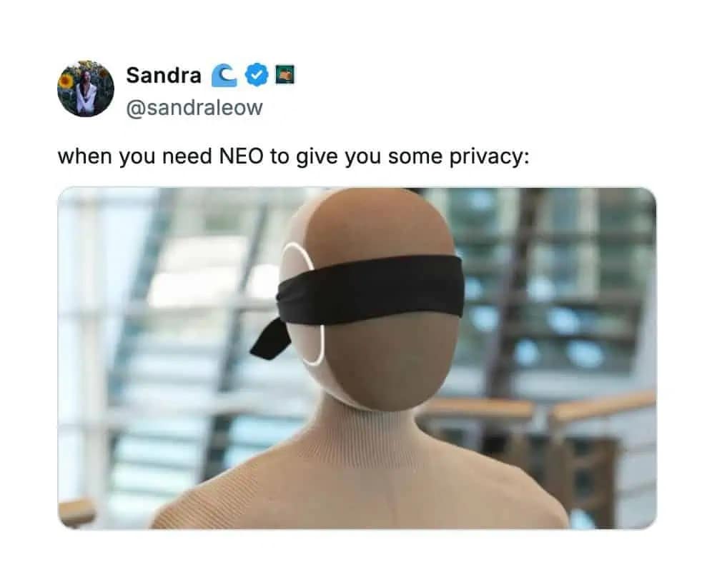 A funny neo robot meme showing the 20k home robot wearing a blindfold "when you need some privacy."