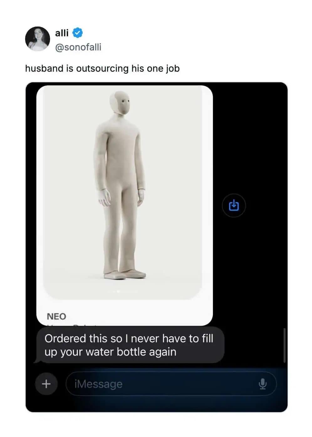 A hilarious neo robot meme showing a husband outsourcing his "one job" of filling a water bottle to the robot.