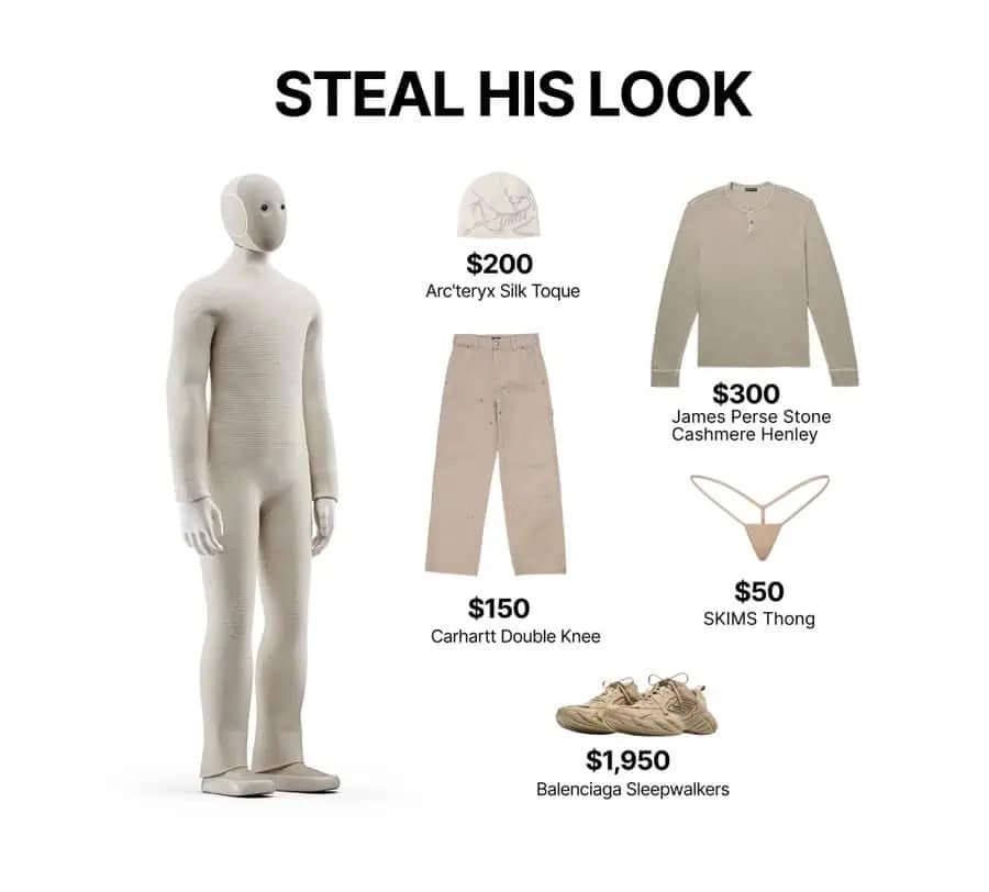 A "Steal His Look" neo robot meme, featuring a $200 beanie and a $50 SKIMS thong.