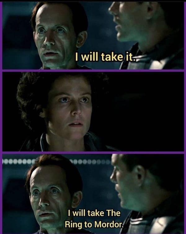 Bishop from Aliens photoshopped into the Fellowship of the Ring council scene