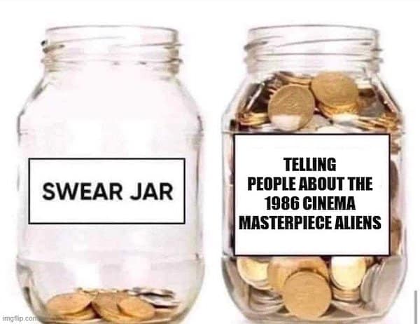 Swear jar comparison showing a jar full of money for talking about Aliens