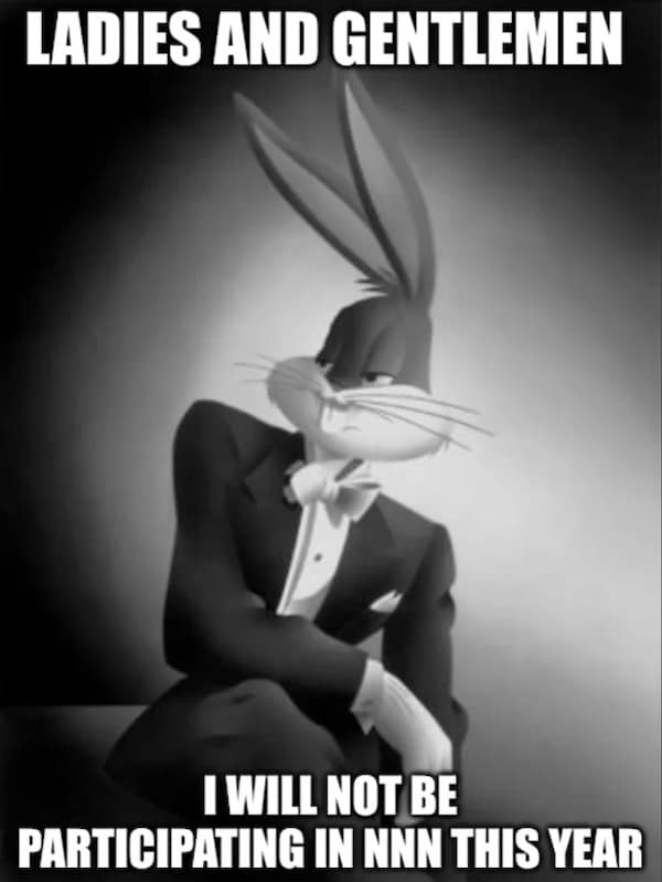 A serious black and white image of Bugs Bunny in a tuxedo formally announcing he will not participate in NNN.