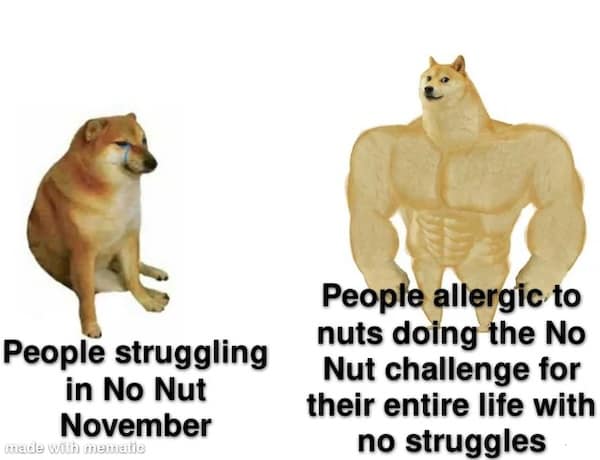 A "Swole Doge vs. Cheems" NNN meme comparing people struggling to those with nut allergies who win easily.