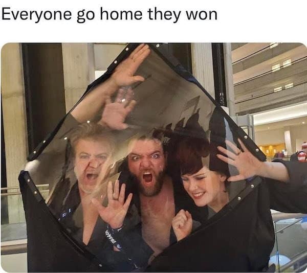 A nostalgia meme of three people in a brilliant SpongeBob SquarePants B-movie cosplay