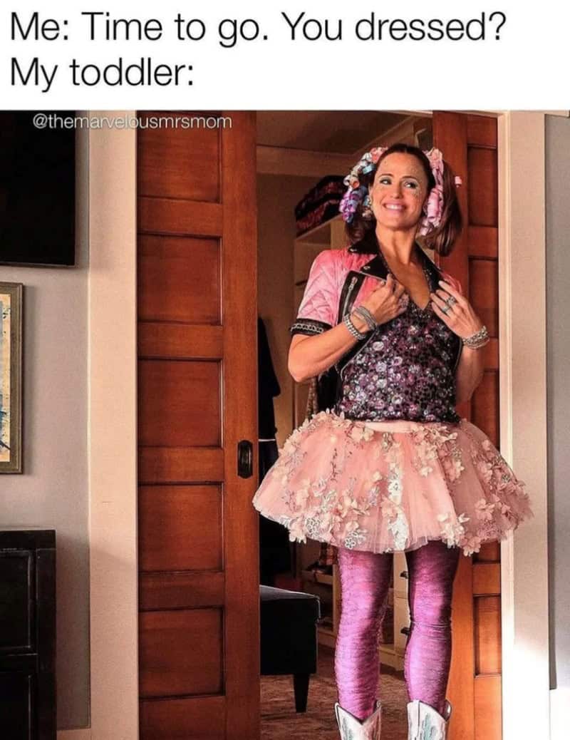 Jennifer Garner wearing chaotic mismatched toddler outfit in funny parenting meme.