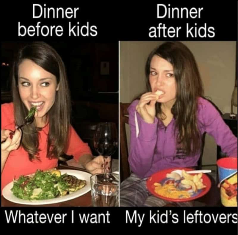 Comparison of healthy dinner before kids versus eating leftovers after kids.