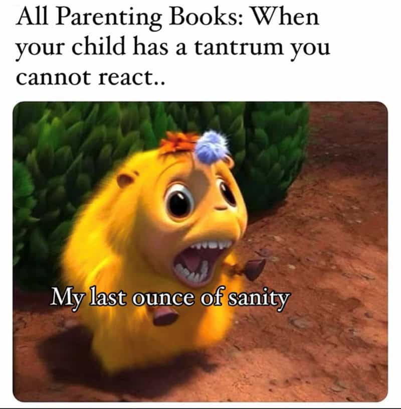 Screaming cartoon creature reacting to parenting books advice on ignoring tantrums.