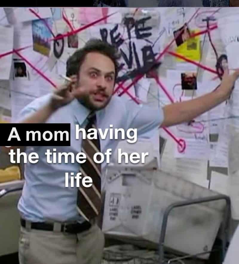 Charlie Day conspiracy meme representing a manic mom having time of her life.