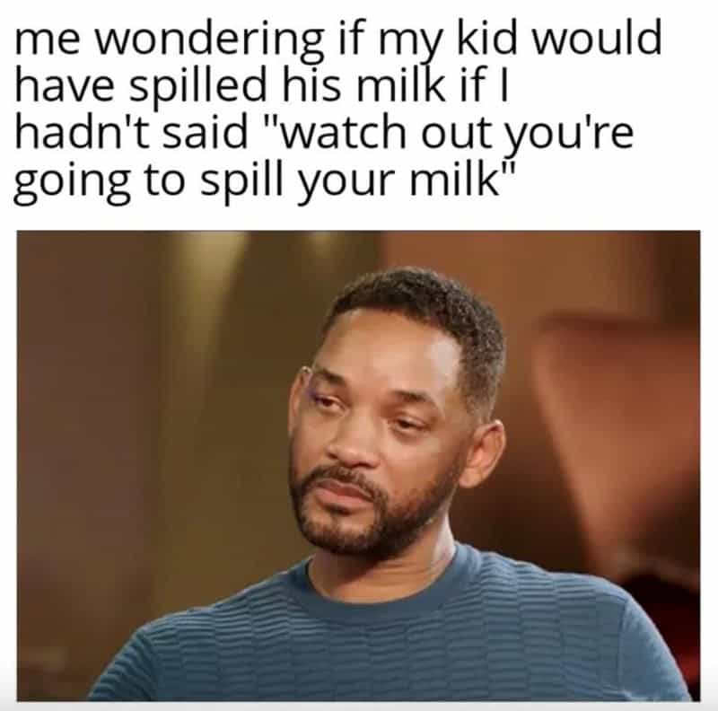 Sad Will Smith wondering if warning kid caused the spilled milk.
