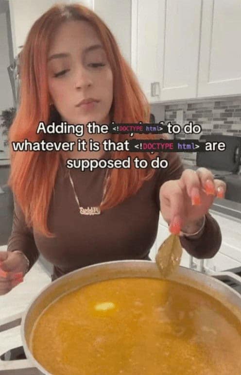 A coding meme comparing adding "DOCTYPE html" to adding a bay leaf to a soup.