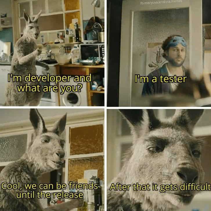 Programming meme about the rivalry between developers and testers