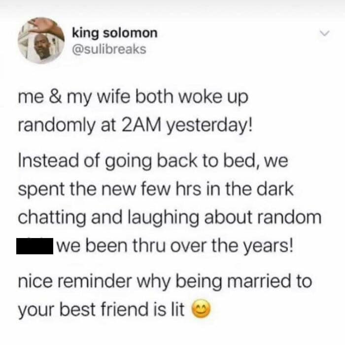 A relationship meme and funny couple tweet about "marrying your best friend" and staying up late to chat.