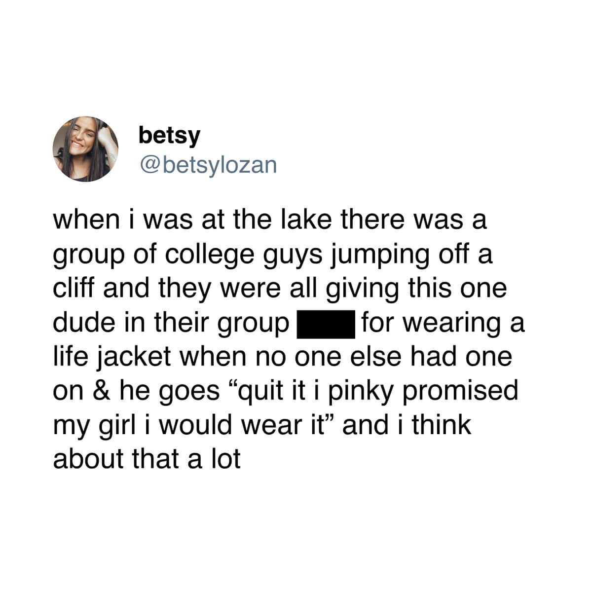 A relationship meme and funny couple tweet about a college guy wearing a life jacket because he "pinky promised" his girl.