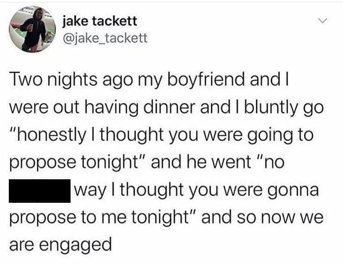 A relationship meme and funny couple tweet where a couple accidentally proposes to each other at the same time.