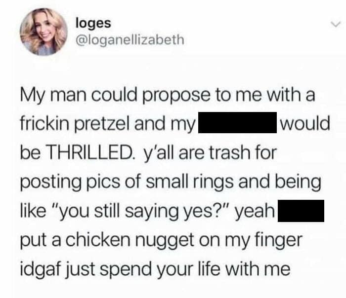 A relationship meme and funny couple tweet about "not caring" about the ring, just the commitment.