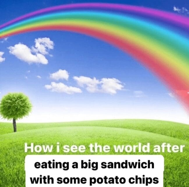 A serene landscape with a rainbow, a funny sandwich meme about feeling euphoric after eating.