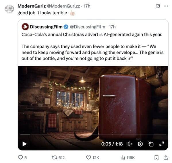 A savage roast of the new "AI-generated" Coca-Cola Christmas ad, where the funny quote tweet just says "good job it looks terrible 👍."