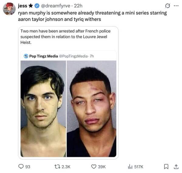 A savage roast and funny quote tweet joking that Ryan Murphy is already casting Aaron Taylor Johnson in a "hot criminal" true crime series.