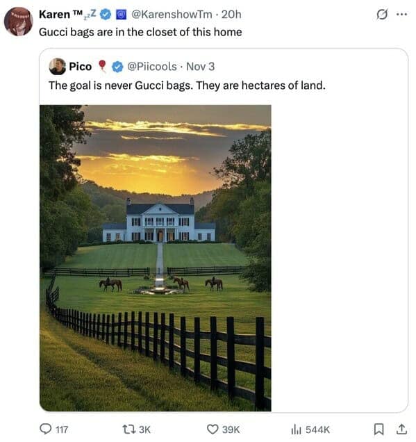 A savage roast and funny quote tweet where a user replies that the "hectares of land" mansion also has "Gucci bags in the closet."