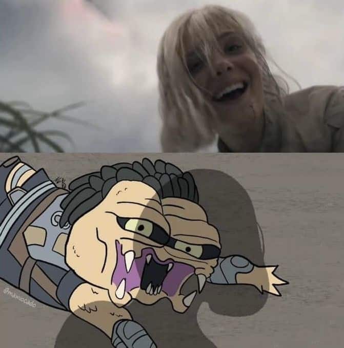 A funny sci-fi meme tweet showing an old picture of a couple next to a new photo of them, captioned "My boyfriend and I."