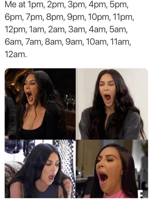 Kim Kardashian yawning in a four-panel collage, a funny sleep meme about being tired all 24 hours.