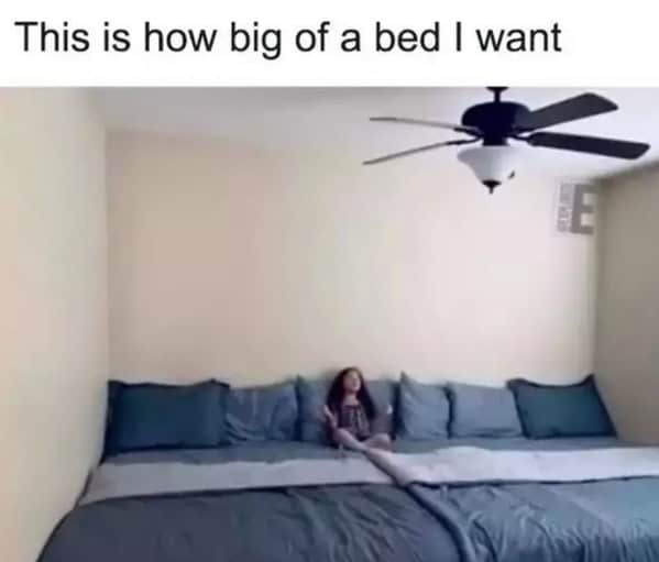 A giant, room-sized bed with a person on it captioned "This is how big of a bed I want."