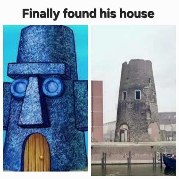 A funny SpongeBob meme comparing Squidward's house to a real-life stone tower on a dock.
