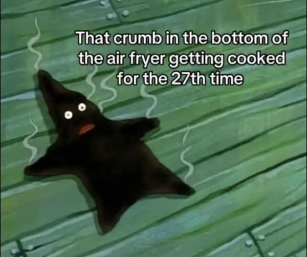 A funny SpongeBob meme showing a burnt Patrick, captioned "That crumb in the bottom of the air fryer."