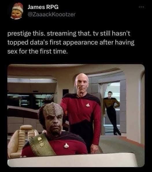 A funny Star Trek meme from a viral tweet, joking about Data's first appearance after... that Tasha Yar episode