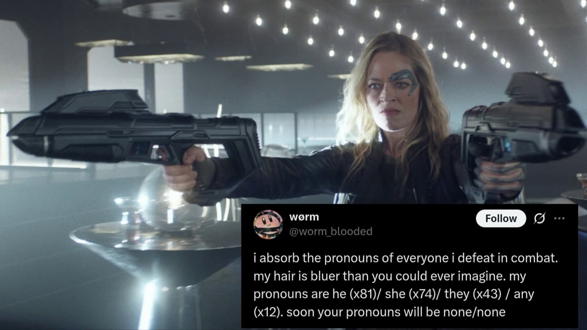 A funny Star Trek meme from Picard, with Seven of Nine and a viral tweet about "absorbing the pronouns" of defeated enemies.