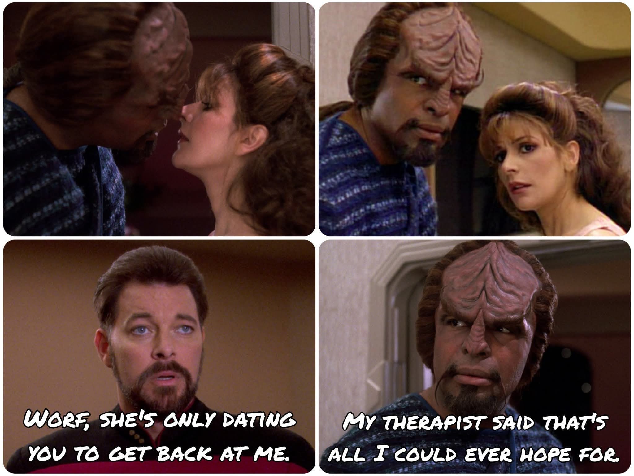 A funny Star Trek meme from TNG, joking about the Riker, Troi, and Worf love triangle.