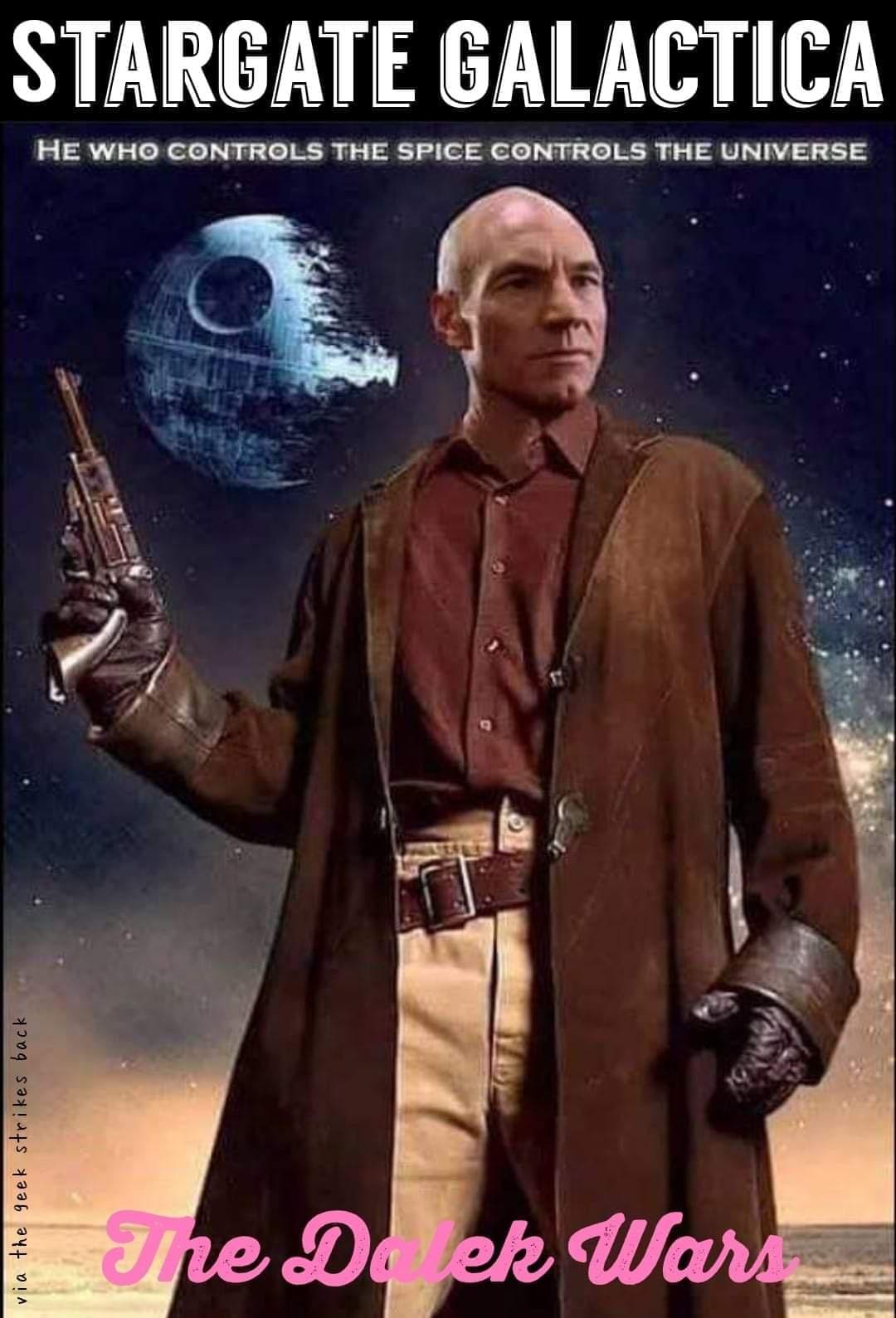 A cursed and funny Star Trek meme that combines Star Wars, Stargate, Battlestar Galactica, Dune, and Doctor Who.