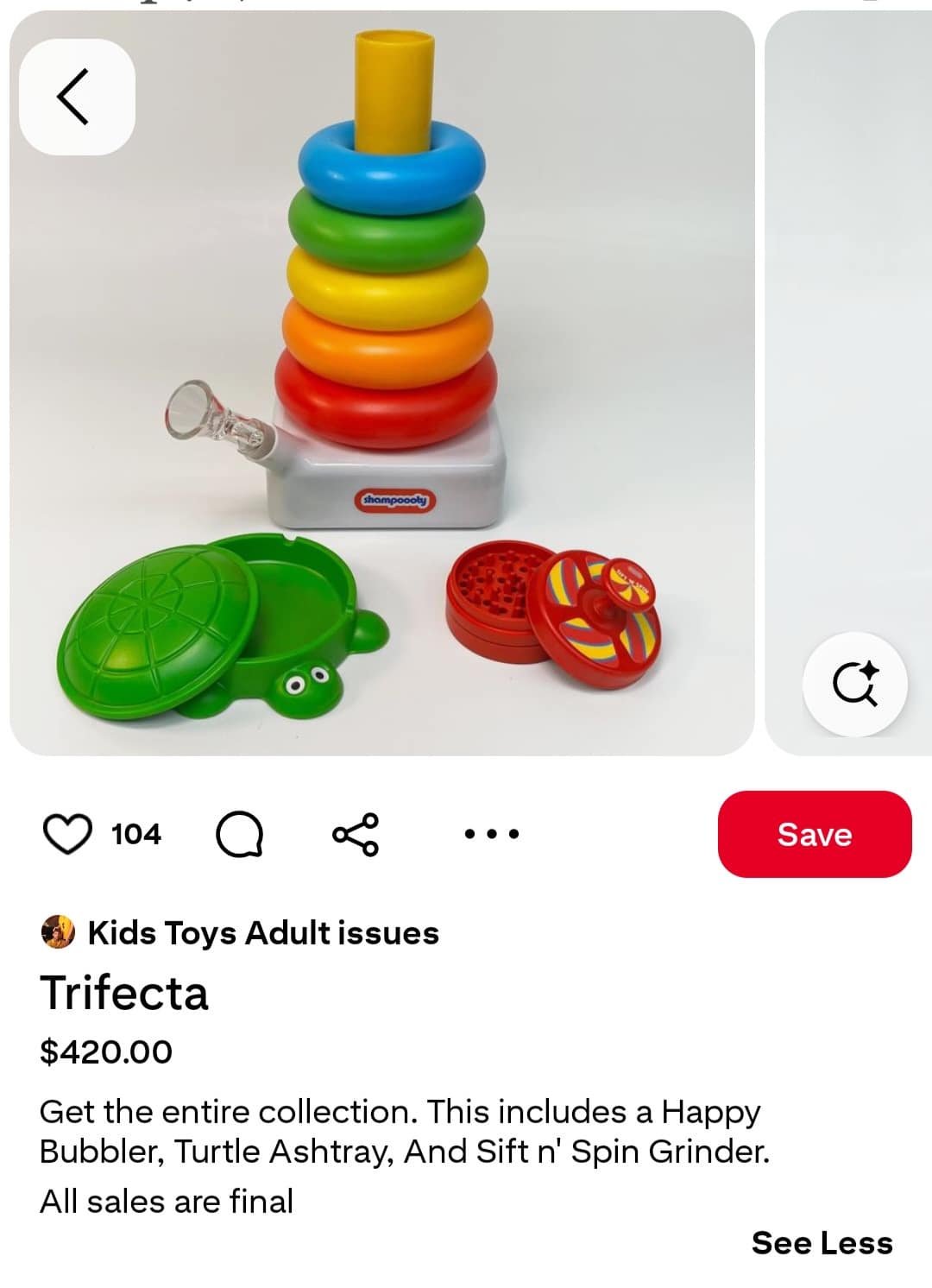 A stoner meme of a product listing for "weed trifecta" (bubbler, grinder, ashtray) disguised as kids' toys.