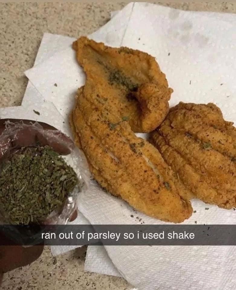 A stoner meme of fried fish, captioned "ran out of parsley so i used shake."