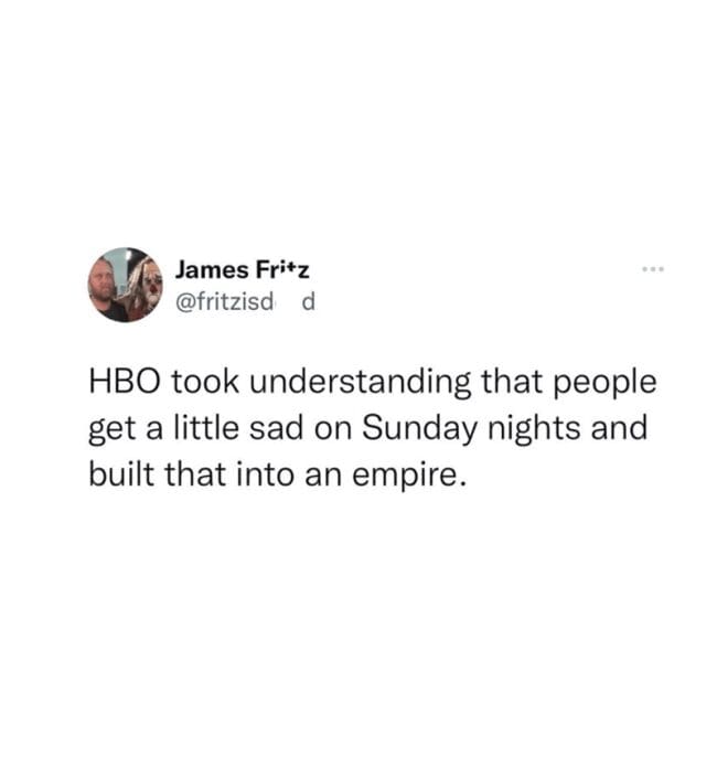 Tweet explaining how HBO capitalized on sadness in a Sunday meme.