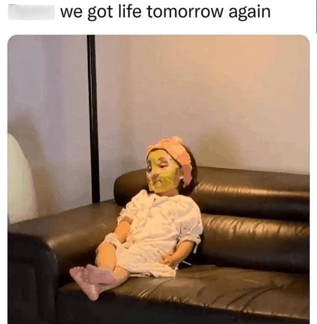Exhausted child with a face mask sitting on a couch in a Sunday meme about returning to reality.