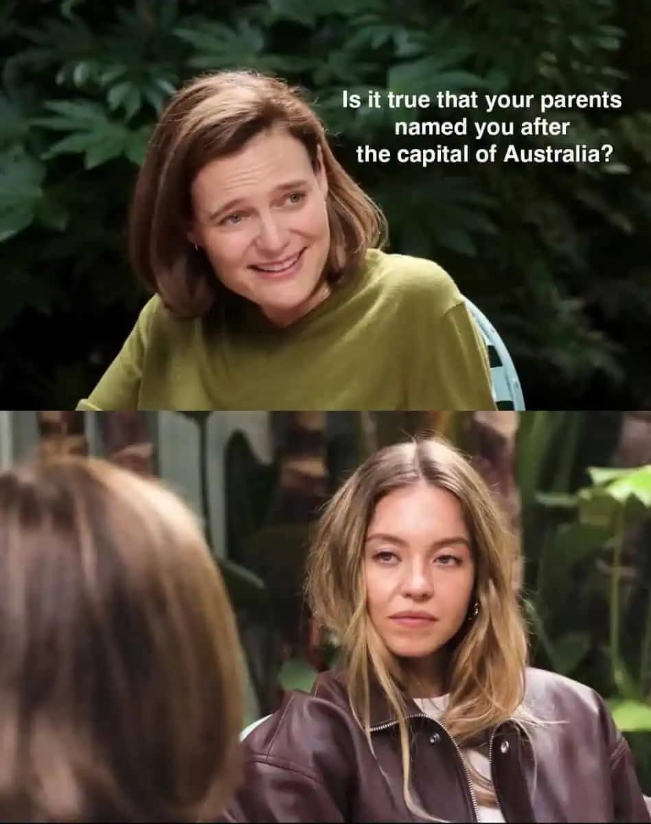 A Sydney Sweeney blank stare meme where she is asked if she was named after the capital of Australia.