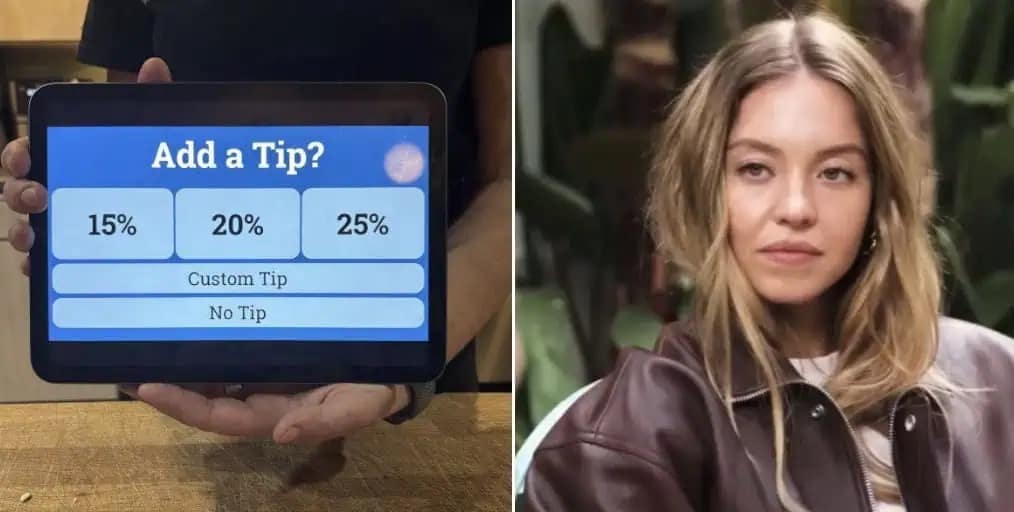 A Sydney Sweeney blank stare meme showing her reaction to the "Add a Tip?" iPad screen.