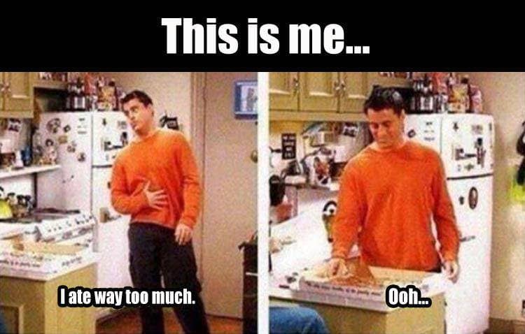 Thanksgiving meme 2025 showing Joey Tribbiani in pain after overeating