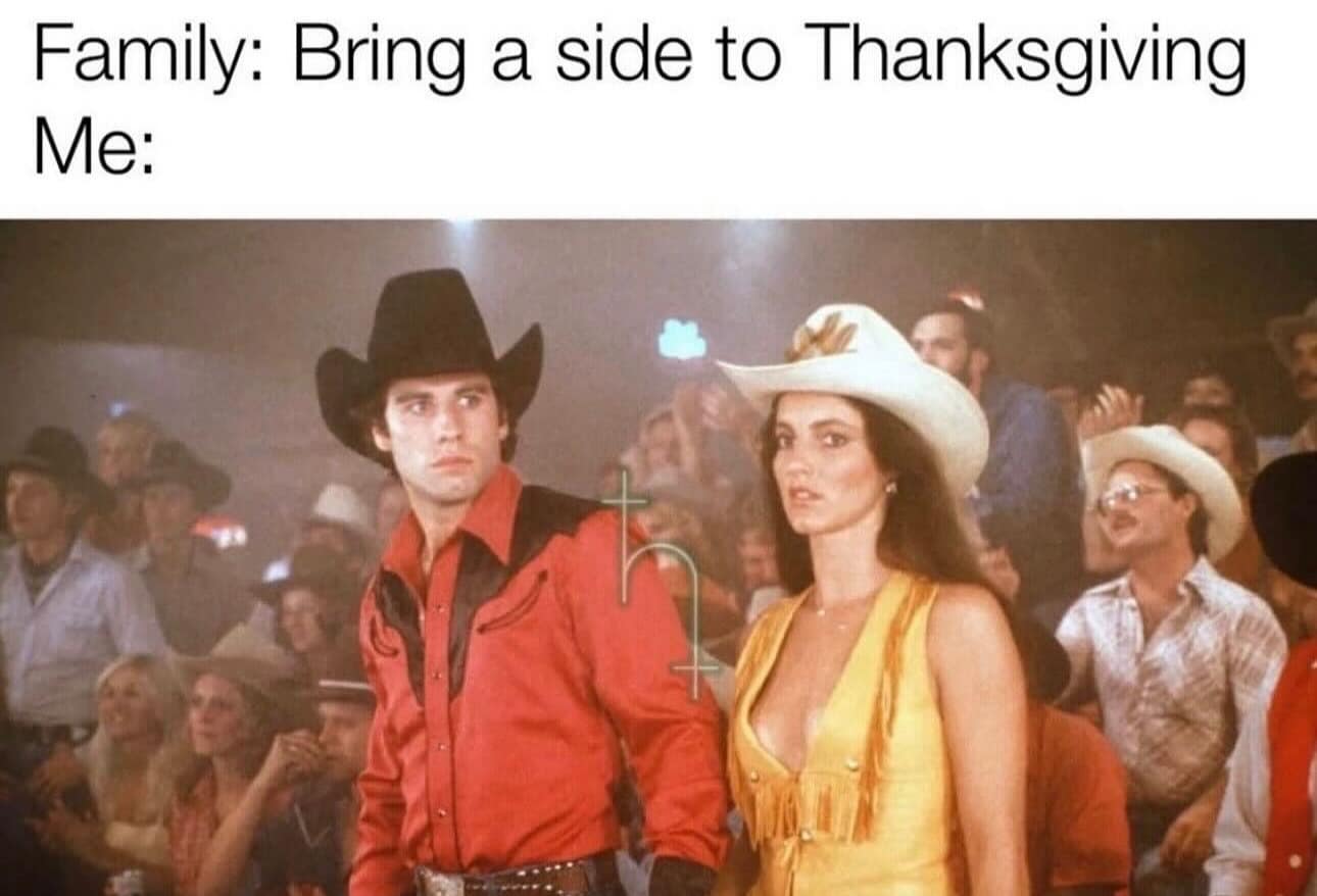 Thanksgiving meme 2025 showing John Travolta looking confused about bringing a side dish