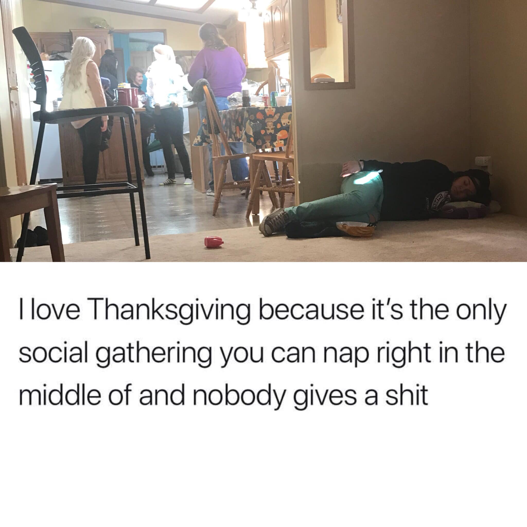 Thanksgiving meme 2025 showing a guest passed out on the floor from food.