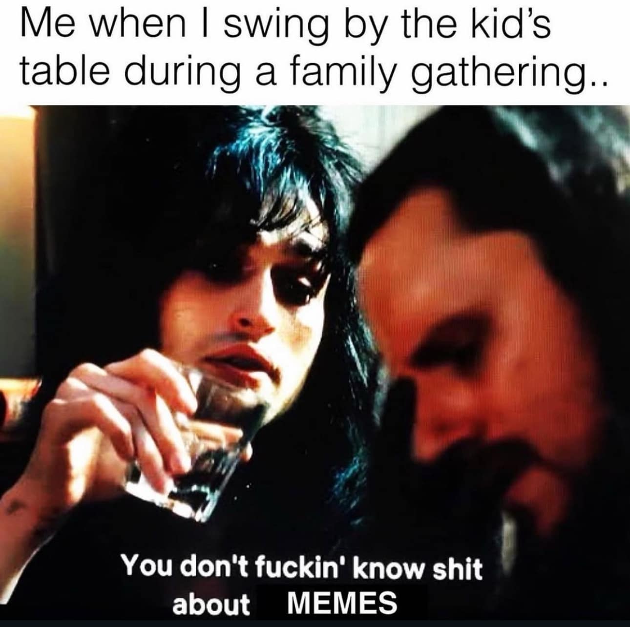 Thanksgiving meme 2025 showing a rockstar drinking while judging the kid's table