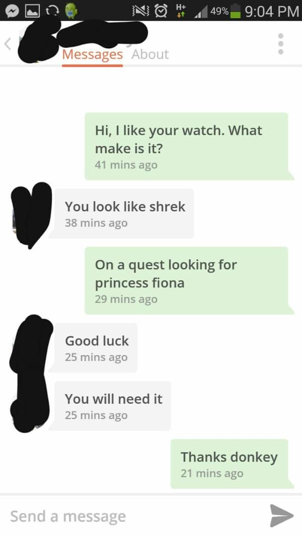 Funny Tinder shame conversation where a "Shrek" insult is met with a perfect "Thanks donkey" comeback.