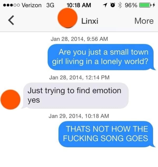 A funny Tinder shame conversation where a match fails to complete the "Don't Stop Believin'" song lyrics.