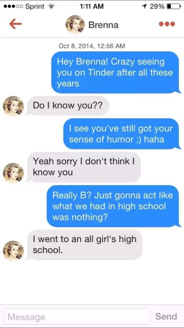 A cringey Tinder shame chat where a guy gets caught lying about knowing a girl from high school.