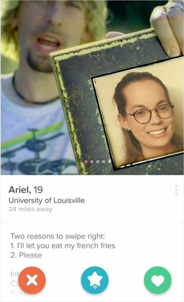 A funny Tinder shame profile using the Nickelback "Look at this photograph" meme as the main picture.