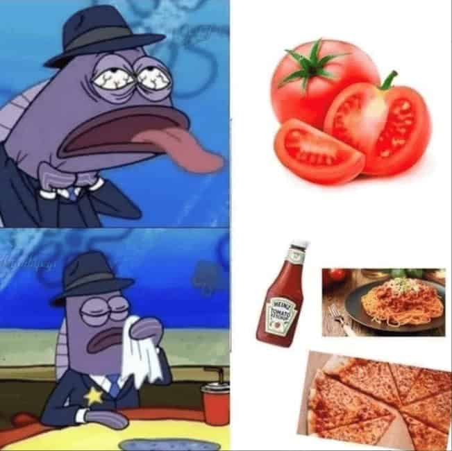 Funny SpongeBob tomato meme showing a thirsty fish relieved by the sight of tomatoes, ketchup, and pizza.